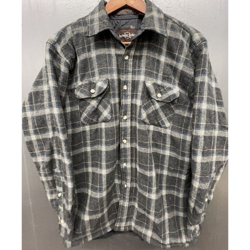 Northwest Territory Shacket L Gray Brown Plaid Button Up Lined Shirt Jacket Work